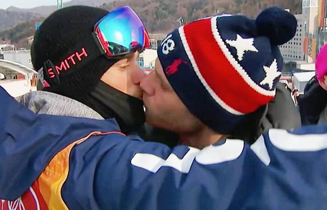 Gus Kenworthy kissed his boyfriend, Matthew Wilkas at the Winter Olympics in South Korea. Photo: Screenshot from NBC broadcast