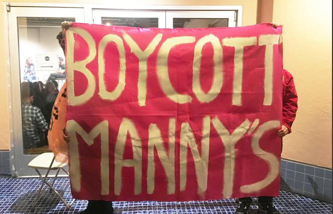Protesters with the #BoycottMannys coalition braved a historic storm on January 16 to maintain a picket of Manny's in the Mission. Photo: Christina A. DiEdoardo