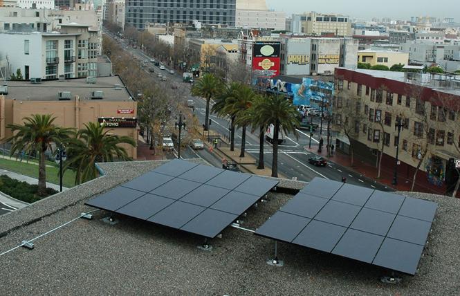 Pacific Gas & Electric Co. installed solar panels on the roof of the San Francisco LGBT Community Center in December 2006. Photo: Rick Gerharter