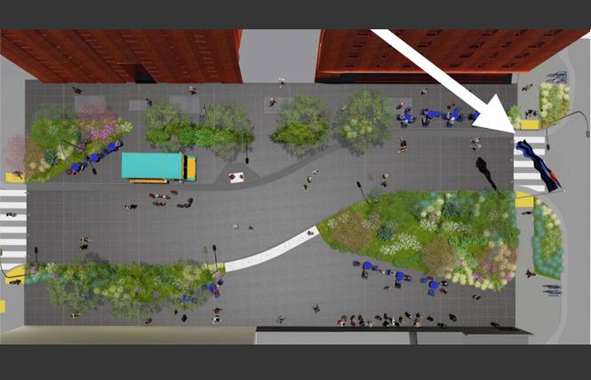 An artist rendering of Eagle Plaza shows an overhead view with an arrow pointing to the leather flag. Illustration: Courtesy Build Inc./Place Lab