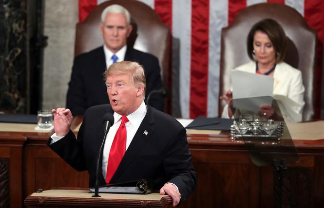 President Donald Trump delivers his second State of the Union address Tuesday in the Capitol, as Vice President Mike Pence and House Speaker Nancy Pelosi look on. Photo: Courtesy AP