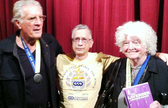 Patricia Nell Warren, right, celebrated the 30th anniversary of the Gay Games in 2012 in West Hollywood with David Kopay, left, and Bay Area Reporter columnist Roger Brigham. Photo: Courtesy Federation of Gay Games