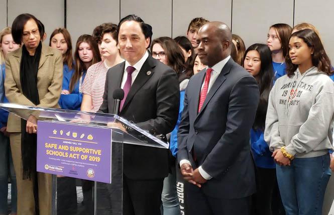 Assemblyman Todd Gloria, speaking, was joined by state Superintendent of Public Instruction Tony Thurmond, second from right, Wednesday afternoon in San Diego to announce the revival of a bill requiring LGBT cultural competency training for state educators. Photo: Courtesy San Diego Unified School District