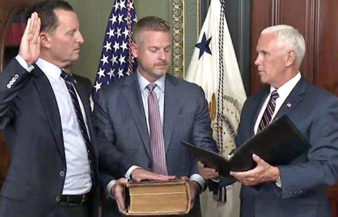 Vice President Mike Pence, right, swore in gay U.S. Ambassador to Germany Richard Grenell last May. Photo: Courtesy Joe.My.God