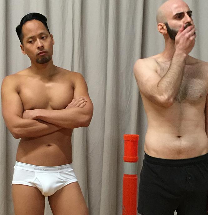 Jordan Ong (as Mark, an actor playing Estragon) and Francisco Rodriguez (as Tim, an actor playing Vladimir) in "The Underpants Godot," a Theatre Rhinoceros Pop-Up Production at Spark Arts. Photo: Joseph Tally