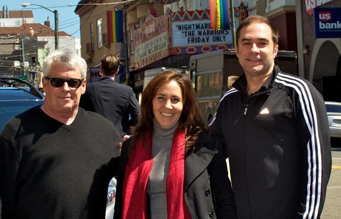 Cleve Jones, left, joined Mariela Castro and Rainbow World Fund's Jeff Cotter in front of the San Francisco's Castro Theatre in 2012. Photo: Courtesy RWF