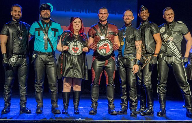 SF Bootblack and Mr. SF Leather 2019 contestants (left to right): Manny Ojeda, Mr. SF Eagle 2019; Timothy Valdivia, Mr. Sober Leather 2019; Allison Boots (Winner, SF Bootblack 2019); Jawn Marques, Mr. Daddy's Barbershop 2019 (Winner, Mr. SF Leather 2019); Gunner Friesen, Independent (Second Runner Up Mr. SF Leather 2019); AJ Huff, Mr. Powerhouse 2019; and Amp Somers, Mr. Friendly 2019 (First Runner Up Mr. SF Leather 2019). photo: Rich Stadtmiller