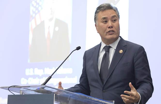 Congressman Mark Takano delivers one of the keynote speeches at the first gathering of LGBT elected officials in California that was held by the California Legislative LGBT Caucus and Equality California. Photo: Tia Gemmell