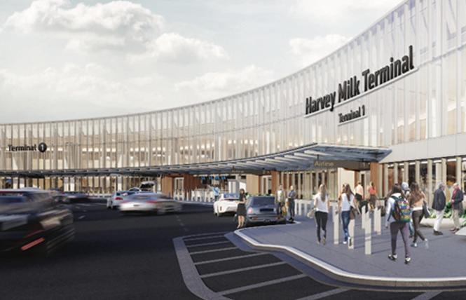 Revised drawings for the "Harvey Milk Terminal" exterior signage at San Francisco International Airport renewed community complaints for showing the gay icon's name would not be used at all of the facility's entrances. Photo: Courtesy SFO