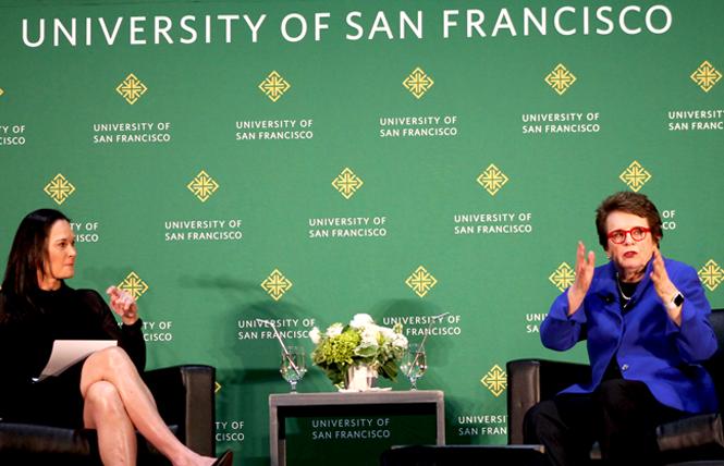 Retired tennis champion Billie Jean King, right, spoke at the University of San Francisco March 19 with Jennifer Azzi, the school's former women's basketball coach. Photo: Heather Cassell