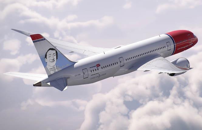 A rendering of the tail fin that honors Harvey Milk will be on one of Norwegian Airlines' Dreamliner planes. Photo: Courtesy Norwegian Airlines