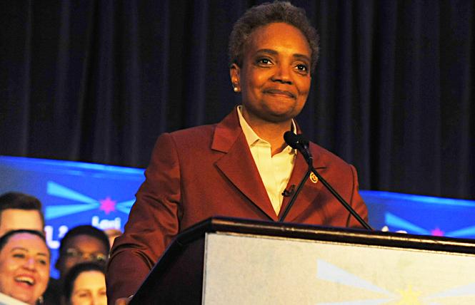 Chicago Mayor-elect Lori Lightfoot speaks to supporters Tuesday. Photo: Vern Hester/Windy City Times
