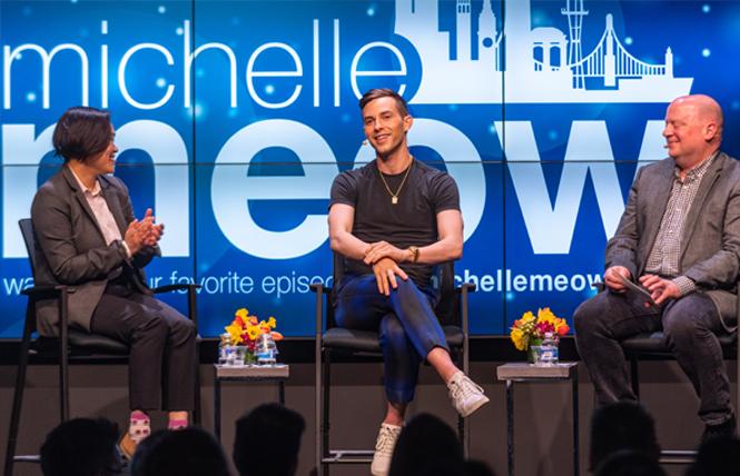 Former Olympian Adam Rippon, center, talked about coming out and elite skating competitions with Michelle Meow, left, and John Zipperer Sunday on "The Michelle Meow Show" at the Commonwealth Club. Photo: Jane Philomen Cleland