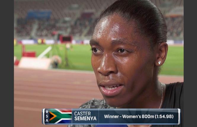 A TV screen capture shows Caster Semenya after a victory at 800 meters over the weekend in Dubai.