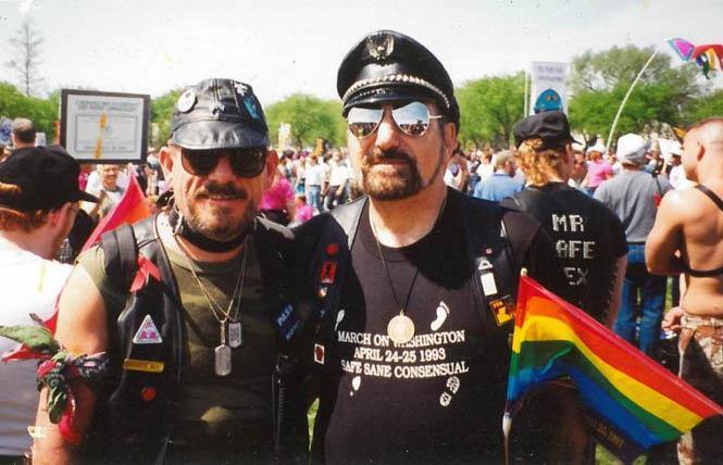 "Daddy" Alan Selby, aka Mr. S, right, and his boy, Johnie Garcia, at the National March on Washington for Lesbian, Gay and Bi Equal Rights (1993). Photo: photographer unidentified; collection of the GLBT Historical Society.