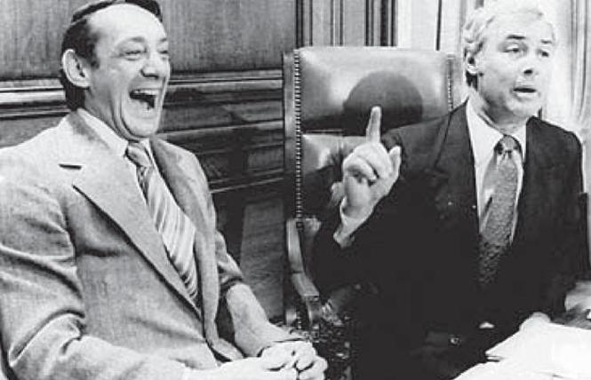 A photographer from the Associated Press in 1977 captured this iconic image of Supervisor Harvey Milk, left, and Mayor George Moscone inside San Francisco City Hall. Photo: Courtesy of Holt-Atherton Special Collections, University of the Pacific Library