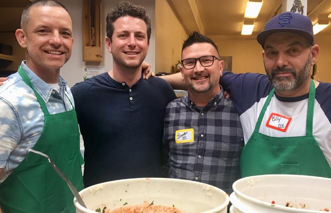 Levi Strauss graphic designer Marc Sanchis, left, joined Eric Tuvel, and Brandon Stanton and Billy Lemon from the Castro Country Club to make burritos for the Burrito Project. Photo: Sari Staver