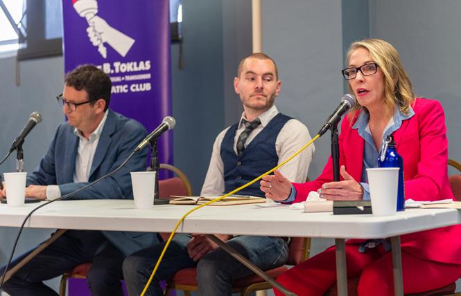 District 5 Supervisor Vallie Brown, right, speaks at a May 13 candidate forum sponsored by the Alice B. Toklas LGBT Democratic Club. Candidates Dean Preston, left, and Ryan Solomon also took part in the debate. Photo: Jane Philomen Cleland