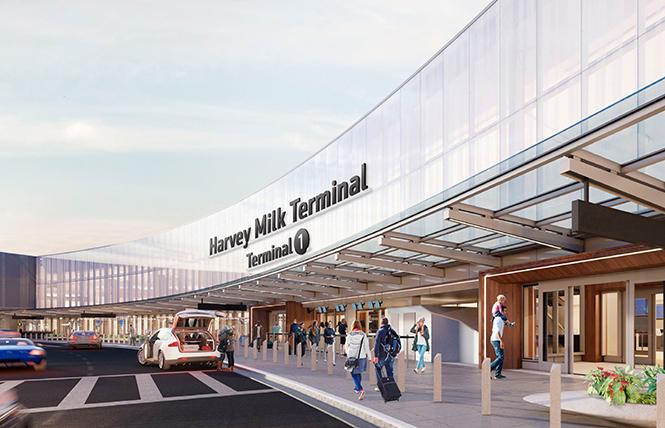 A new rendering depicts the exterior sign planned for the Harvey Milk Terminal at San Francisco International Airport. Courtesy SFO.