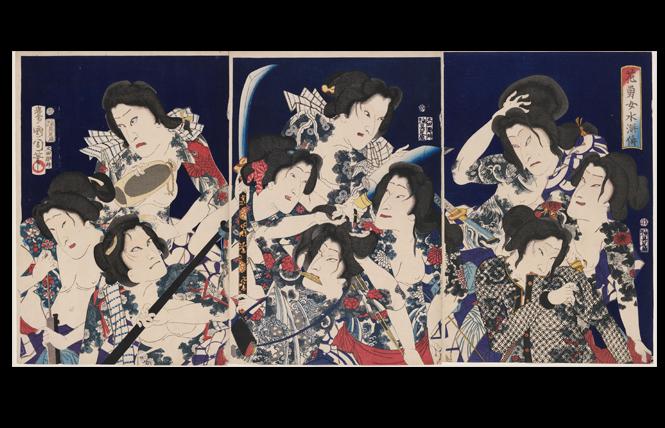 "A Water Margin of Beautiful and Brave Women: Actors Bando Hikosaburo V, Onoe Kikugoro V, Sawamura Tossho II (R), Otani Tomoemon V, Sawamura Tanosuke III, Iwai Shijaku II, Nakamura Shikan IV (C), Kawarazaki Gonnosuke VII, Bando Mitsugoro VI, and Ichikawa Kuzo III (L)" (1869), by Toyohara Kunichika. Woodblock print; ink and colors on paper. Photo: Museum of Fine Arts, Boston