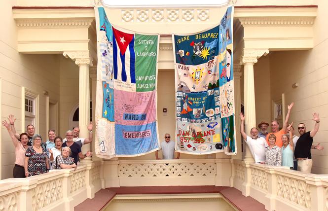 Cleve Jones, center, joined members of Rainbow World Fund delegation at CENESEX headquarters in Havana Cuba in May. This was the first time that the NAMES Project AIDS Memorial Quilt visited Cuba. Photo: Gooch