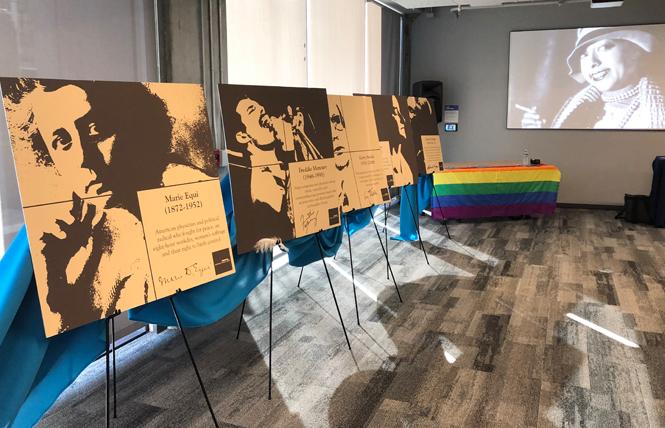 Mock-ups of Rainbow Honor Walk plaques were unveiled Monday and recognize, from left, Marie Equi, Freddie Mercury, Gerry Studds, Lou Sullivan, and Chavela Vargas. Photo: Matthew S. Bajko