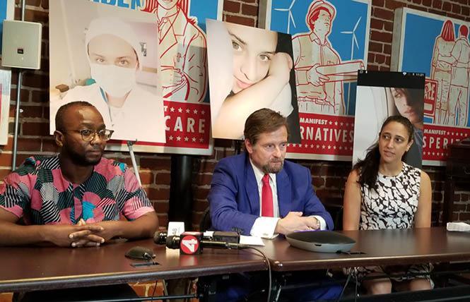 Ola Osaze, left, joined attorney Christopher Dolan and Lynly Egyes during a Wednesday news conference in San Francisco, where Dolan announced he has filed a complaint with the U.S. Department of Homeland Security over the death of trans woman Johana Medina Leon. Photo: Meg Elison