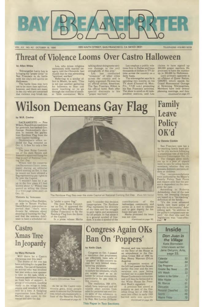 The October 18, 1990 issue of the Bay Area Reporter featured a photo of the Pride flag that flew briefly at the state Capitol on October 11 for National Coming Out Day. Photo: Bay Area Reporter archives