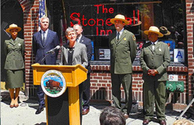 Then-Interior Secretary Sally Jewell, center, appeared at the Stonewall Inn in New York City, the site of the 1969 riots that helped launch the modern gay rights movement, in 2014 to announce a National Park Service Theme Study to interpret and commemorate sites related to LGBT history. Photo: nps.gov via Facebook