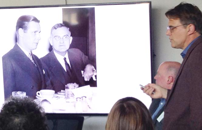 Robert Cutler, on screen in glasses, was a closeted gay man who served as national security adviser for President Dwight D. Eisenhower. His great-nephew, Peter Shinkle, right, recently wrote a book about Cutler. Photo: Veronica Dolginko