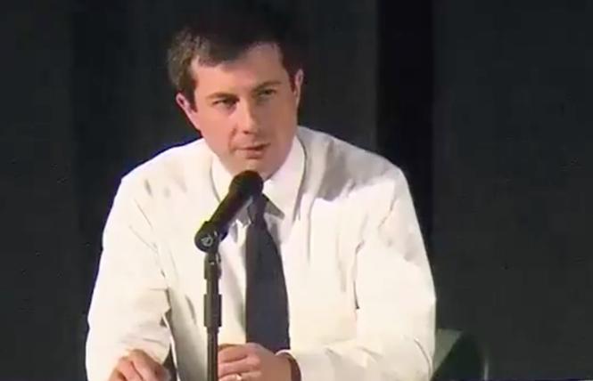 Pete Buttigieg, mayor of South Bend and a leading Democratic presidential candidate, speaks at a tense town hall in his hometown Sunday. Screenshot