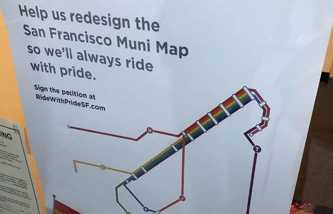 Equality California's design for the San Francisco Muni Metro lines, seen in a Castro storefront, shows them in the colors of the rainbow flag. Photo: Matthew S. Bajko