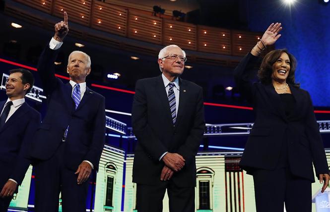 Pete Buttigieg, left, joined Joe Biden, Bernie Sanders, and Kamala Harris on the second night of the Democratic presidential primary debates in Miami. Photo: AP