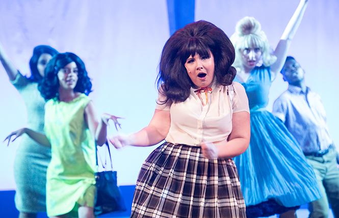 Cassie Grilley ("Tracy Turnblad") and company members in Bay Area Musicals' production of "Hairspray." Photo: Ben Krantz Studio