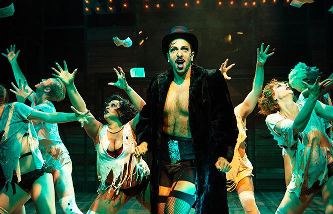 The Master of Ceremonies (John Paul Gonzalez) performs with the Kit Kat Dancers in "Cabaret" at San Francisco Playhouse. Photo: Jessica Palopoli