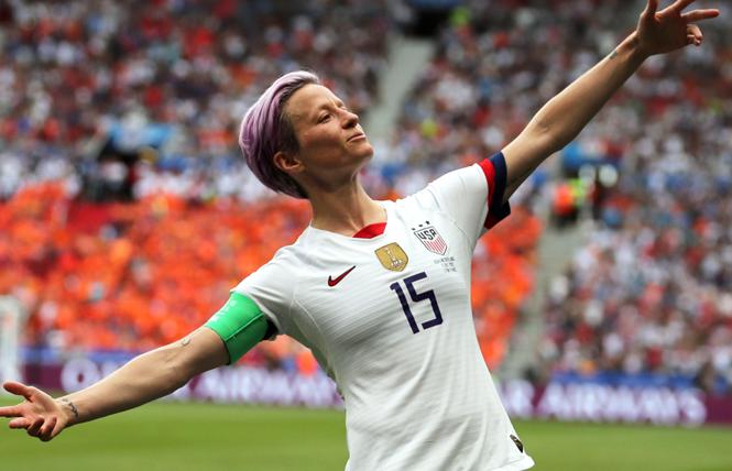 Megan Rapinoe celebrates after the U.S. women's team won the World Cup final Sunday. Photo: Courtesy Reuters