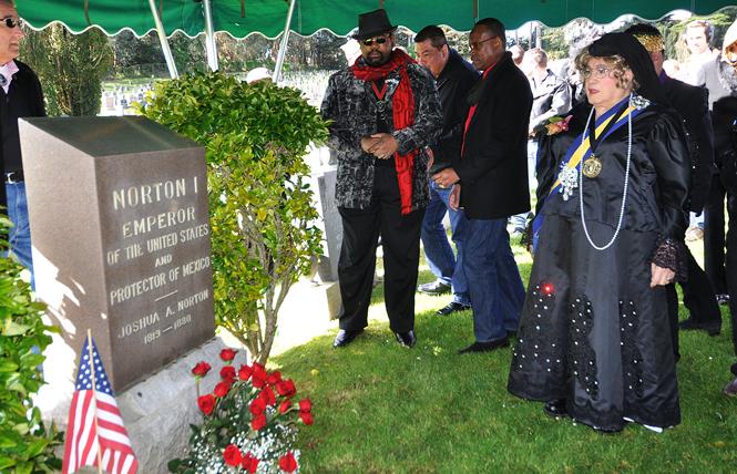 Jose Sarria, the Widow Norton, visited the grave of the Emperor Joshua Norton, at Woodlawn Cemetery in Colma, during her annual pilgrimage to the gravesite in 2011. Photo: Rick Gerharter