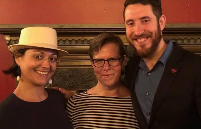 Sex-Positive SF Dems president Mark Press, right, was joined by Rebecca Motola-Barnes, left, the club's internal communications director, and Christine Genero, vice president of events, at a happy hour for members earlier this year. Photo: Courtesy Mark Press