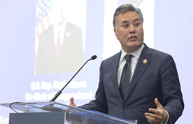 Gay Congressman Mark Takano, shown speaking at an Equality California in March, is expected to be re-elected next year. Photo: Tia Gemmell