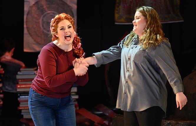 Cara Collins as Brittomara, a shape-shifting devil appearing here as a hairdresser, and Esther Tonea as Diana in the world premiere of "If I Were You" by Jake Heggie and Gene Scheer, presented by Merola Opera Program at the Herbst Theatre. Photo: Kristen Loken