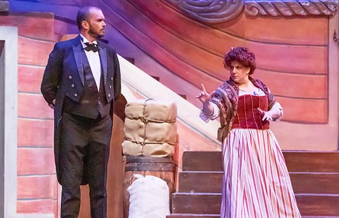 Sonia Gariaeff as Buttercup warns Michael Grammer as Captain Corcoran that "Things are Seldom what they Seem" in Lamplighters' "H.M.S.Pinafore." Photo: Joe Giammarco