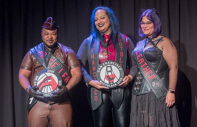 Winners Trey Onyx (left), the new Mr. SF Leather 2020, and Jessie (center), the new SF Bootblack 2020, with Reika (right), Ms. SF Leather 2019. photo: Rich Stadtmiller