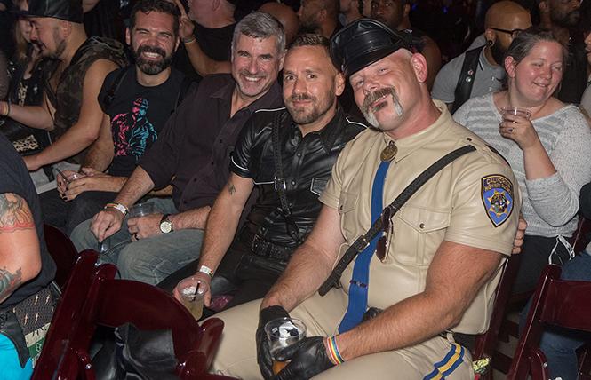Mr. SF Leather 2016, Cody Elkin 2016 (right) with his posse of handsome cheering section men at the finals of the Mr. SF Leather and SF Bootblack 2020 contest. photo: Rich Stadtmiller