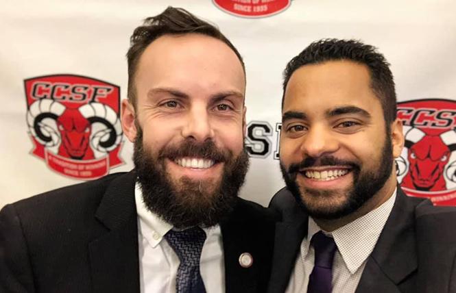 Tom Temprano, left, and Alex Randolph smiled after their first City College of San Francisco board meeting as vice president and president, respectively. Photo: Courtesy Facebook