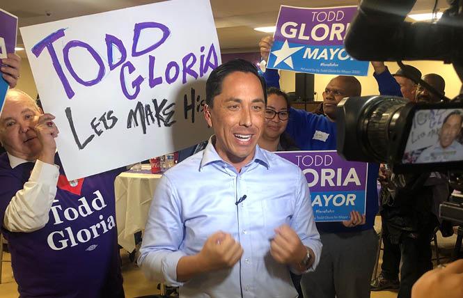 Todd Gloria, with Nicole Murray Ramirez at left, spoke at his announcement that he was running for mayor earlier this year. Photo: Courtesy Nicole Murray Ramirez