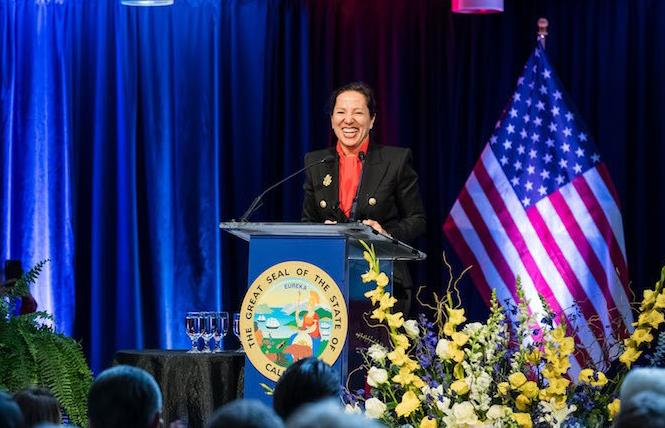 Lieutenant Governor Eleni Kounalakis speaking at her inauguration in January, will headline Equality California's brunch. Photo: Drew Altizer Photography