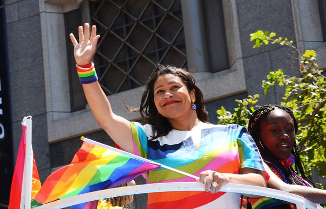 Mayor London Breed, shown here waving at spectators during the June Pride parade, was endorsed for a four-year term by the Alice B. Toklas LGBT Democratic club, while the Harvey Milk LGBTQ Democratic Club withheld its support. Photo: Rick Gerharter