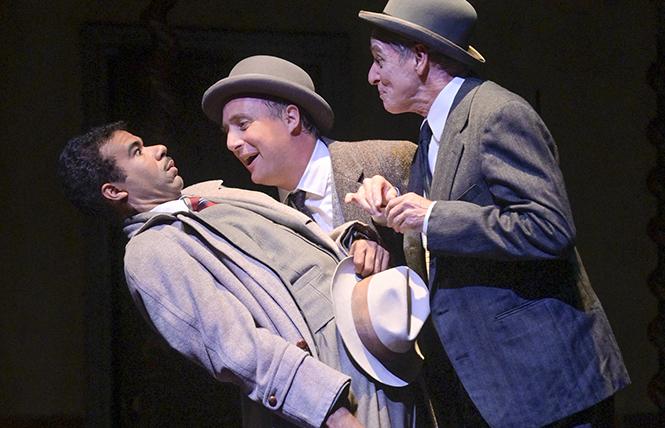 Richard Hannay (Lance Gardner) worries his identity has been discovered by two traveling salesmen (Cassidy Brown and Ron Campbell) in "The 39 Steps," presented by TheatreWorks Silicon Valley at the Mountain View Center for the Performing Arts. Photo: Kevin Berne
