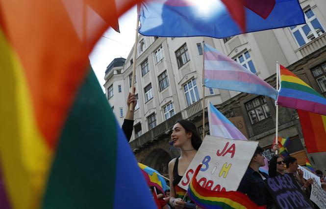 Pride marchers celebrate in the streets of Sarajevo for Bosnia's first successful Pride parade and celebration held September 8. Photo: Courtesy Associated Press