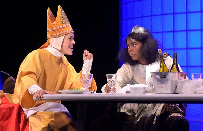 Pope Joan (Rosie Hallett) and Dull Gret (Summer Brown) recount their life stories at a dinner party in Caryl Churchill's "Top Girls"  at A.C.T.'s Geary Theater. Photo: Kevin Berne